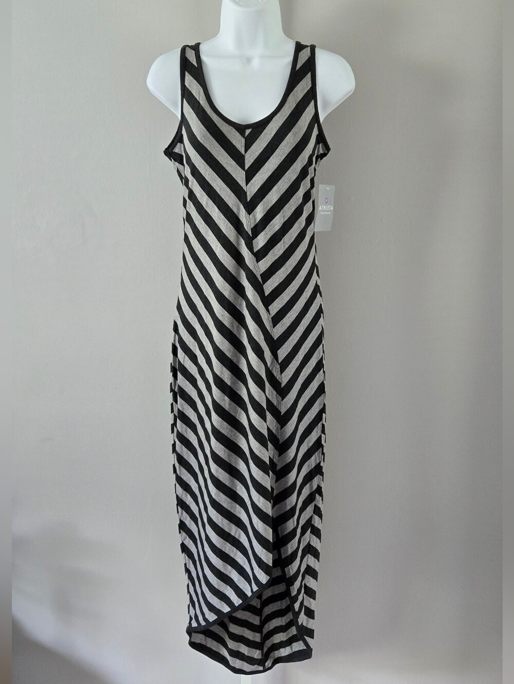 Athleta Black and Gray Striped Sleeveless Maxi Dress